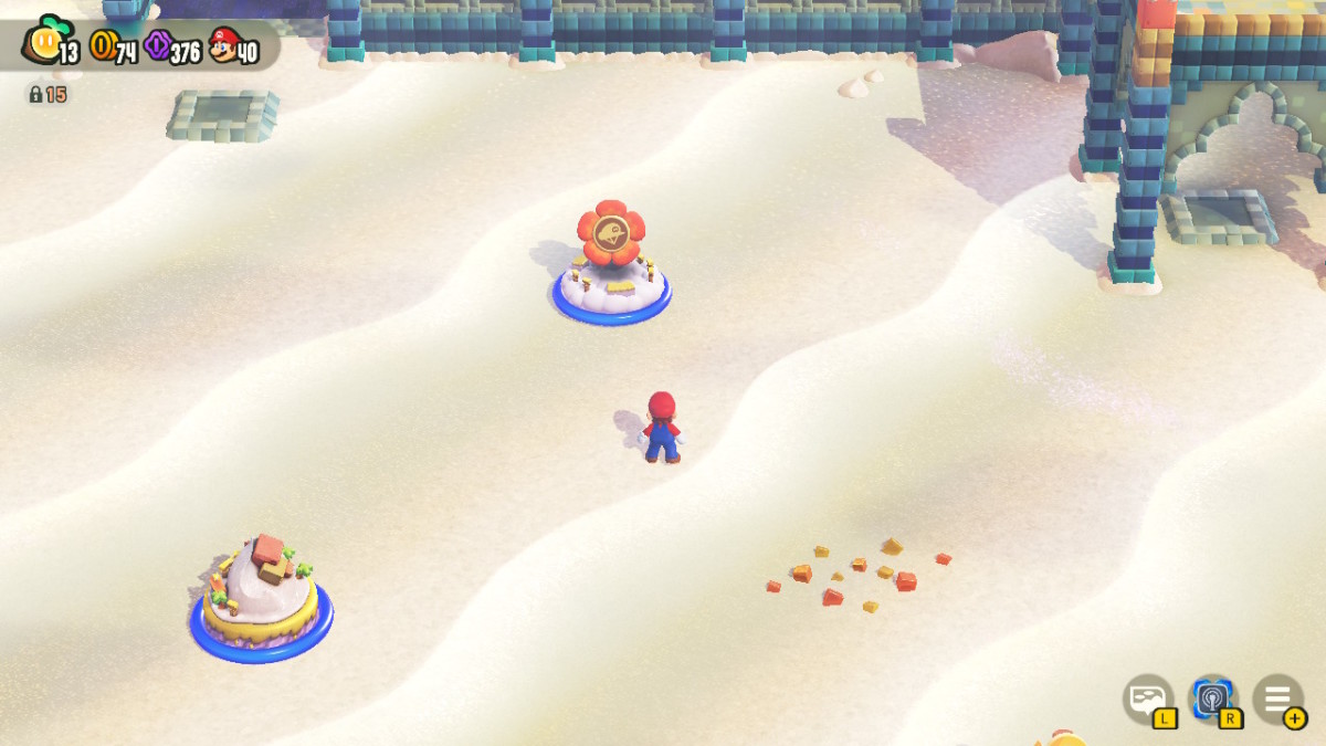 The Super Mario Bros. Wonder World 4 sandy area, with two of the three switches that open a hidden hallway.